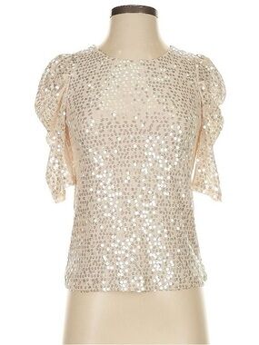Express sparkle XS Sequin Puff-Sleeve Top in Champagne blouse